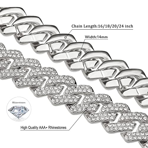 JUNVirtuous Cuban Link Chain Mens Iced Out Miami Cuban Necklace Silver/Gold Bling Diamond Hip Hop Jewelry for Women - color: 18 inch Silver Necklace
