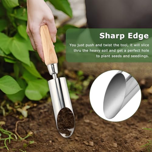 Bulb Planter Tool, 11 Inch Stainless Steel Bulb Planter with Wooden Handle