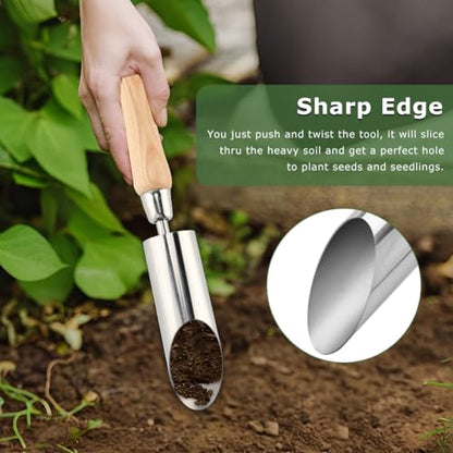 Bulb Planter Tool, 11 Inch Stainless Steel Bulb Planter with Wooden Handle