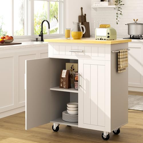 SUNLEI Rolling Kitchen Island Cart with Storage & Drawer – 26" Portable Kitchen Cart with Lockable Wheels, Towel Rack & Open Shelves for Kitchen, Dining Room, Living Room(White) - size: 26-IN