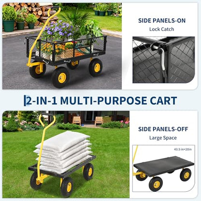 900 Lbs Heavy Duty Steel Garden Cart, Garden Wagon Cart on Wheels, Outdoor Metal Yard Utility Wagon Carts with and Mesh Removable Sides(Convert to Flatbed) and 180°Rotating Handle,Black