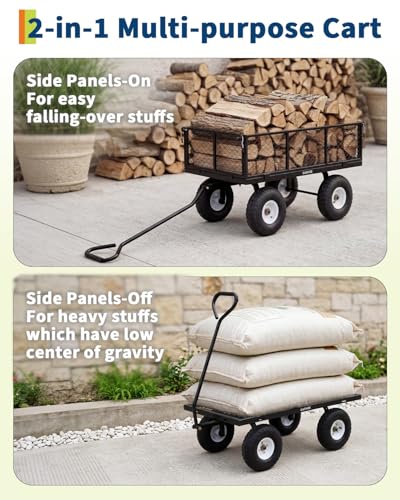 Garvee Versatile Outdoor Utility Cart - 800LBS Heavy-Duty, 10" All-Terrain Pneumatic Tires, Easy Maneuverable Lawn Cart with Removable Mesh Panels for Gardening & Landscaping, Black - color: Black