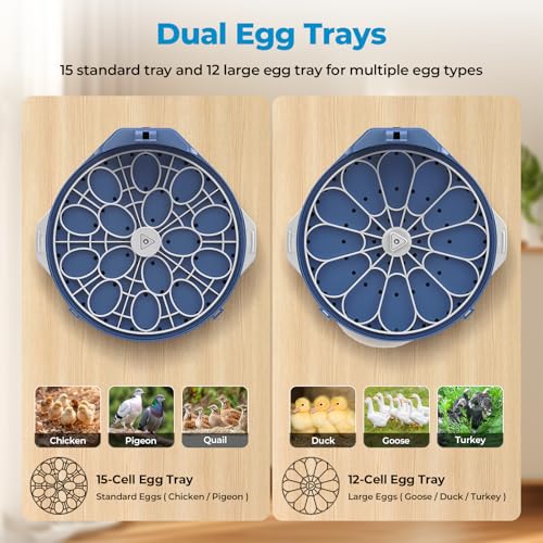 15 Egg Incubator for Hatching Eggs, 5 Preset Incubation Modes + 1 Custom Mode with Adjustable Temperature & Humidity Control, Automatic Egg Turning for Duck, Chicken, Goose, Pigeon & Quail