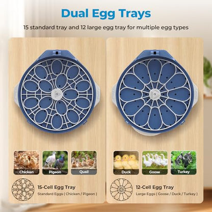 15 Egg Incubator for Hatching Eggs, 5 Preset Incubation Modes + 1 Custom Mode with Adjustable Temperature & Humidity Control, Automatic Egg Turning for Duck, Chicken, Goose, Pigeon & Quail
