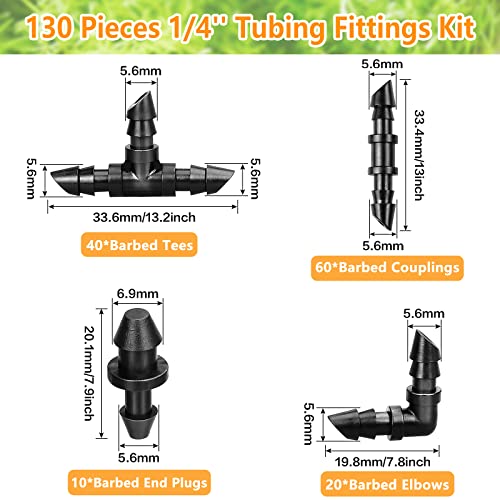 1/4 Inch Drip Irrigation Fittings Kit, 130 Pieces Drip Irrigation Parts for 1/4" Irrigation Tubing for Garden Lawn, Drip Line Barbed Connectors - 60 Couplings, 40 Tees, 20 Elbows, 10 End Plugs - size: 4/7mm Drip Fittings Set-130P