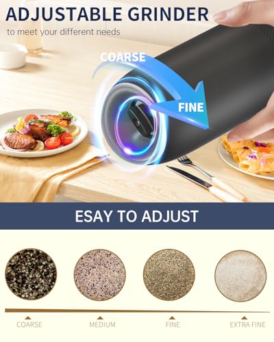 CIRCLE JOY Gravity Electric Salt and Pepper Grinder Set, Battery Powered Automatic Pepper Mills with Adjustable Coarseness, One Hand Operation, 176ml Large Container, Black - Includes 8 Batteries - color: Black Plus, size: Battery