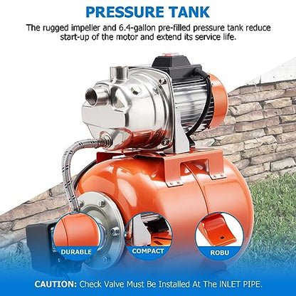 1.6HP Shallow Well Pump with Pressure Tank, Stainless Steel, 115V Irrigation Pump, Automatic Water Booster Jet Pump for Home, Garden, Lawn - size: 1.6 HP