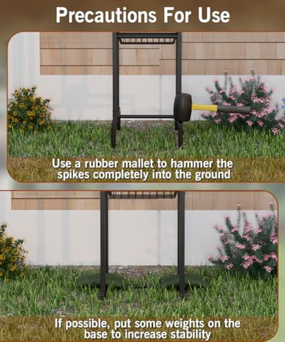 Garbuildman Ground Mount Garden Hose Reel Holds 125 Feet of 5/8-Inch with 3.9 ft Leader Hose, Brass Fitting, Water Hose Holder Stand with Storage Rack & 4 Spikes Base for Outdoor Lawn, Black - color: Black