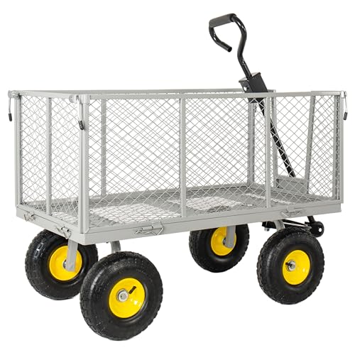3-in-1 Oversized Steel Garden Cart 880lbs Pullable Mesh Metal Utility Cart All-Terrain Wagon with Removable Liner Side Panels Mesh Tray for Lawn Patio Landscaping (Gray + Steel) - color: Gray + Steel