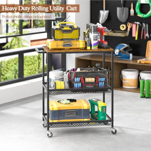 3 Tier Rolling Utility Kitchen Cart on Wheels, Heavy Duty Wire Rolling Cart with Wooden Top, Commercial Metal Serving Cart with Handle, Kitchen Island Food Storage Trolley for Laundry, Office, Garage - color: Wooden-black