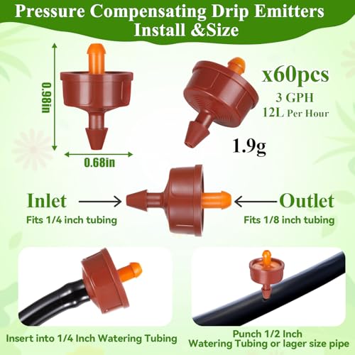 60Pcs 3 GPH Pressure Compensating Drippers,3 GPH Drip Emitters - color: 3 GPH 60PCS