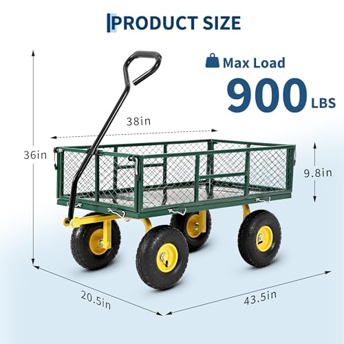 900 Lb Capacity Heavy Duty Steel Garden Cart – 2-in-1 Utility Wagon with Removable Mesh Sides, 10" All-Terrain Tires, Flatbed Conversion, 180° Rotating Handle – Perfect for Lawn, Garden & Backyard - color: Green