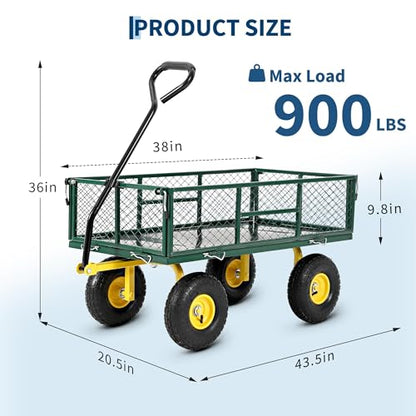 Patikuin 900 lbs Heavy Duty Steel Garden Cart Wagon – 2-in-1 Convertible Flatbed Utility Yard Wagon with Removable Mesh Sides, 180° Rotating Handle, 10" Tires – for Gardening, Lawn, Soil, Green - color: Green, size: 900 Lbs