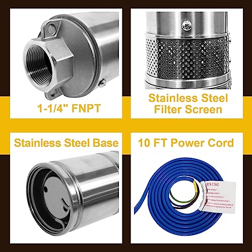 WASSERMANN 4" Deep Well Submersible Pump with 10FT Cable,1HP,115V/60HZ,34GPM,196FT Head,Stainless Steel Single-Phase Water Well Pump for Cities Farmland Irrigation and Home Use - style: 1HP-115V-60HZ