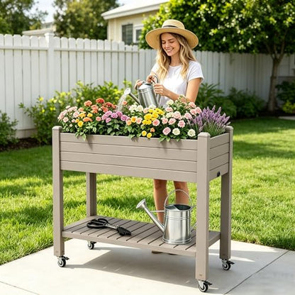Raised Garden Bed with Shelf, Rolling Resin Planter Box, Gray - color: Gray, size: 33.7" H