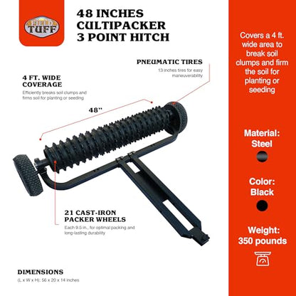 Field Tuff 48 Inch Cultipacker 3 Point Hitch Black Durable Agricultural Implement for Soil Preparation and Seed Bed Firming, Black