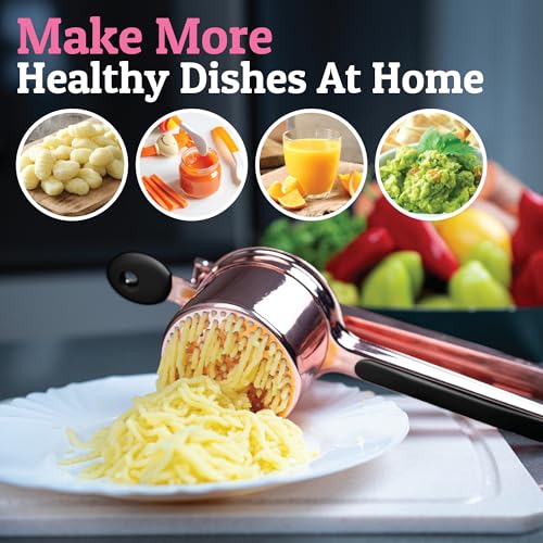 PriorityChef Large 15oz Potato Ricer, Heavy Duty Stainless Steel Potato Masher and Ricer Kitchen Tool, Press and Mash Kitchen Gadget For Perfect Mashed Potatoes - Everytime, Rose Gold and Black - color: Rose Gold Black