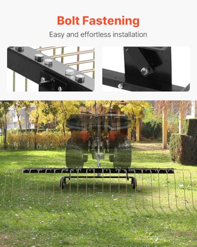 VEVOR Tow Behind Dethatcher, 60-inch Lawn Dethatcher Rake with 24 Steel Tines for ATV or Mower, Heavy Duty Q235 Steel Tow Behind Lawn Rake with Lift Handle for Farm Leaves, Pine Needles, and Grass - style: 60" Tow Behind Dethatcher