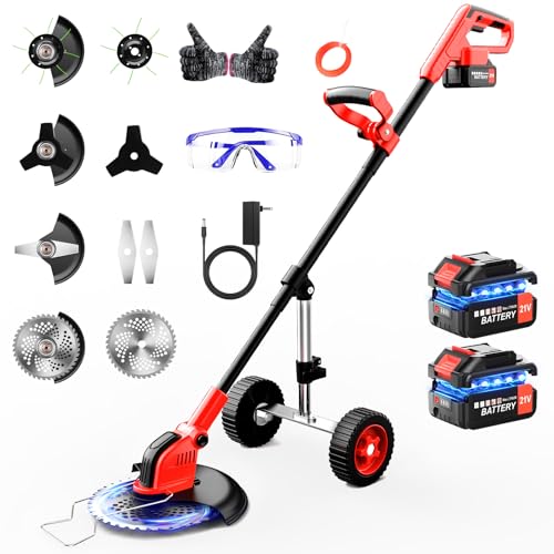 20000 RPM Electric Weed Wacker with Wheel,12″ Brushless Cordless Weed Eater Battery Powered, 4-in-1 Brush Cutter/String Trimmer/Grass Trimmer/Lawn Mower,Edger Stringless Weed Trimmer,5 Blade,2 Battery