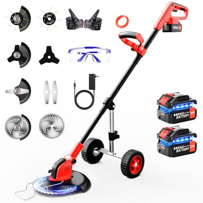 20000 RPM Electric Weed Wacker with Wheel,12″ Brushless Cordless Weed Eater Battery Powered, 4-in-1 Brush Cutter/String Trimmer/Grass Trimmer/Lawn Mower,Edger Stringless Weed Trimmer,5 Blade,2 Battery
