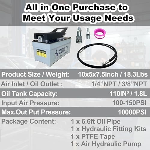 Air Hydraulic Pump 10,000 PSL, 0.45 Gal Reservoir, NPT 3/8" Oil Outlet, NPT 1/4"Inlet, Hydraulic Pump Air Hydraulic Foot Pump Made of Aluminum with 6.6ft Pipe, Gray - color: 1103-G-Grey