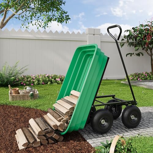 Heavy Duty Garden Dump Cart 1200lb Capacity, 6 Cu.Ft Steel Frame & Polypropylene Yard Wagon with 180° Pivoting Handle, All Terrain Wheels for Farm, Gardening and Outdoor Work