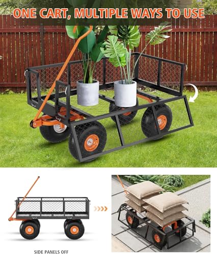ACEKOOL Heavy Duty Steel Garden Cart, 900Lbs Capacity Garden Cart Utility Wagon with 10" All-Terrain Wheels, Removable Sides & 180° Rotating Handle for Yard, Lawn, Farm and Warehouse Outdoor Use - size: 900LBS