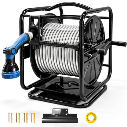 Heavy Duty Metal Garden Hose Reel with 100 Ft 3/4-Inch Water Pipe