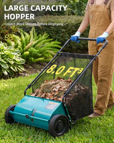 Push Lawn Sweeper, 33.4 in Yard Sweeper with 8 cu ft Bag - color: Green, size: 33.4 in
