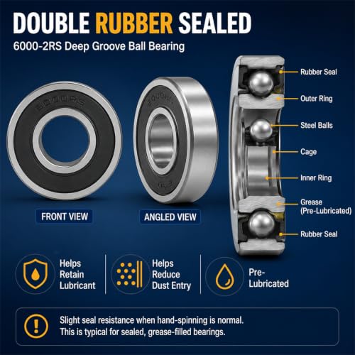 Jingzan 10 Pack 6000-2RS Deep Groove Ball Bearings, 10mm ID x 26mm OD x 8mm Width, Double Rubber Sealed, Pre-Lubricated Bearing Steel Bearings, P0 C0