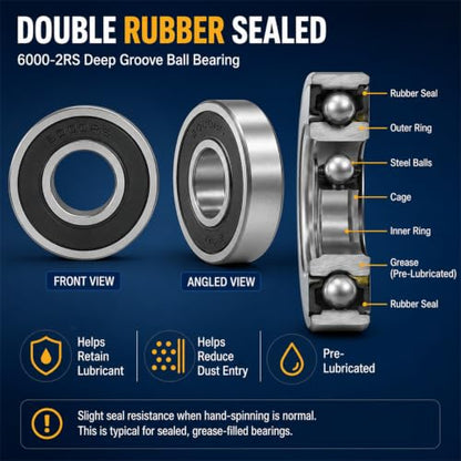 Jingzan 10 Pack 6000-2RS Deep Groove Ball Bearings, 10mm ID x 26mm OD x 8mm Width, Double Rubber Sealed, Pre-Lubricated Bearing Steel Bearings, P0 C0