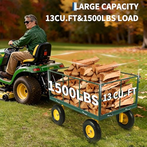 Heavy Duty 1500 Lbs Mesh Steel Garden Cart, Folding Utility Wagon with Removable Sides & All-Terrain Wheels, 3-in-1 ATV Trailer for Garden, Lawn and Farm Hauling - color: Green, size: 1500LBS