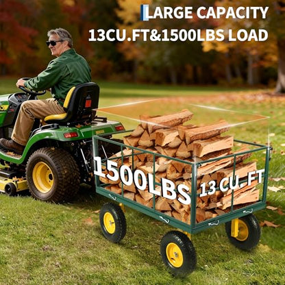 Heavy Duty 1500 Lbs Mesh Steel Garden Cart, Folding Utility Wagon with Removable Sides & All-Terrain Wheels, 3-in-1 ATV Trailer for Garden, Lawn and Farm Hauling - color: Green, size: 1500LBS