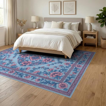 6'x9' Pink Blue Chinoiserie Floral Medallion Washable Area Rug - color: Blue/Pattern 10, size: 6' x 9' (Rectangular)