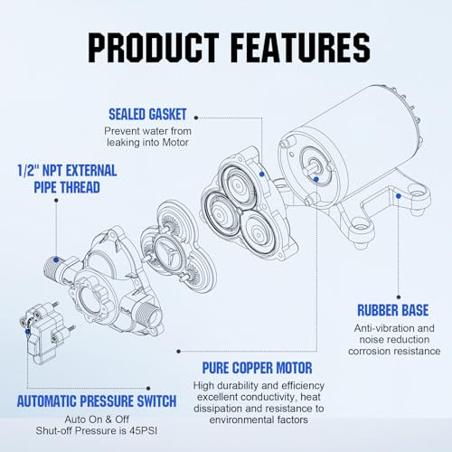 ECO-WORTHY RV Fresh Water Pump 12V DC 3.5GPM 45PSI with Pressure Switch, 12Volt Self Priming Water Pressure Diaphragm Pump On demand for RV Yacht Camper Sprayer Food Truck Black - color: Black 4