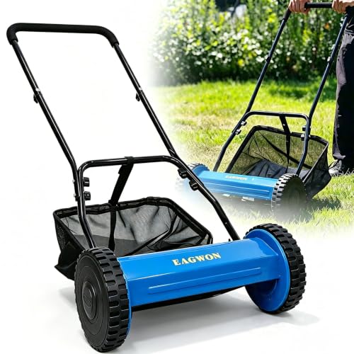 14-Inch 5-Blade Manual Push Reel Lawn Mower Cordless, with Removable Grass Catcher Bag & Adjustable Cutting Height, for Yard & Garden Grass Cutting, Blue - color: Blue, size: 14"
