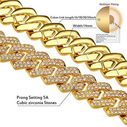JUNVirtuous Cuban Link Chain Mens Iced Out Miami Cuban Necklace Silver/Gold Bling Diamond Hip Hop Jewelry for Women - color: 16 inch Gold Necklace