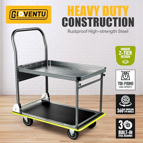Heavy Duty Push Cart Dolly (700 lbs), 2 Tier Foldable Platform Hand Truck