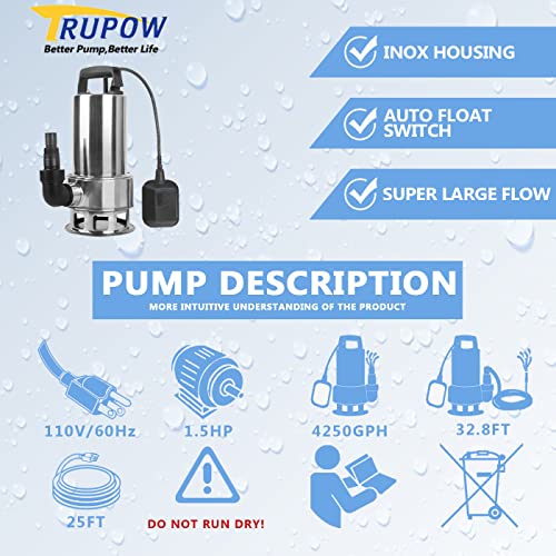 Trupow 1.5HP 110v Submersible Sewage Drain Flood Stainless Steel Clean/Dirty Water Sump Transfer Pond Garden Pump