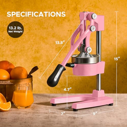 CO-Z Manual Citrus Juicer, Heavy-Duty Manual Juicer with Conical & Flat Pressure Plates, Professional Lemon Squeezer for Orange Pom Lime Lemon Juice, Dishwasher Safe Juice Press, Pink - color: Pink