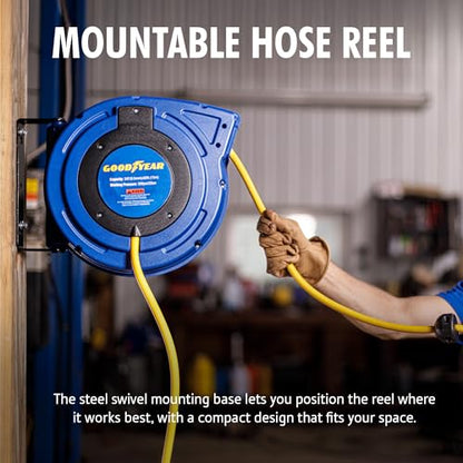 Goodyear Air Hose Reel Retractable 3/8" Inch x 50' Foot Hybrid Polymer Hose Max 300PSI Commerical Polypropylene Construction - color: Air/Water Reel