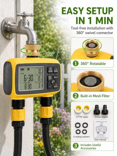 Hose Timer 2 Outlet, 2 Zone Programmable Sprinkler Timer with Rain Delay & Manual Mode, Heavy Duty Digital Timer for Garden Hose, Auto Irrigation Controller for Lawn, Yard & Drip Irrigation Outdoor