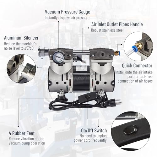 Vacuum Pump 85L/Min with Switch, Oilless Lab Pump, 110V