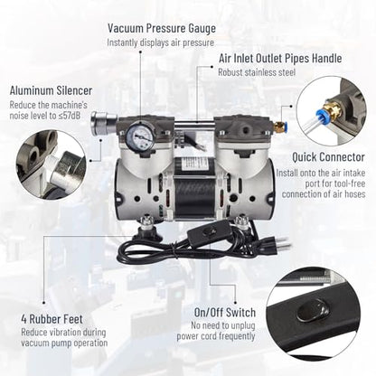 Vacuum Pump 85L/Min with Switch, Oilless Lab Pump, 110V