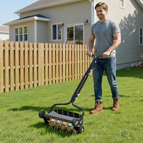 VEVOR Lawn Aerator, 18 in Manual Push Spike Aerator with 4 Wheels & Handle, Heavy Duty Grass Aerators, Supports 40 lbs Added Weight, Rolling Lawn Aeration Tool for Garden Yard Aeration Soil Health - size: 18-inch, style: Rolling (Weighted Pro)