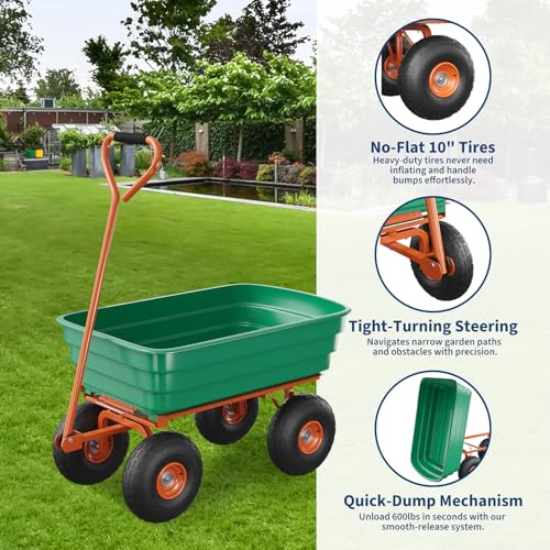 Poly Dump Cart - Heavy Duty 1200lbs Capacity, 125L Green Frame with Orange Bed Garden Utility Wagon, Quick-Release Dumping & 13” No-Flat Tires for Yard Work