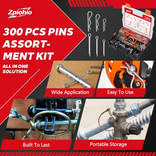 Cotter Pin Assortment Kit - 300PCS Heavy Duty Lynch Pin Set, Snap Pin, Hitch Pin & R Clip, Zinc-Plated Steel Linchpins for Tractor, Trailer, Truck, Lawn Mower, Farm Tools & Equipment