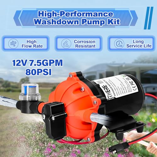7.5 GPM 80 PSI Washdown Deck Wash Pump Kit, 12V Marine Washdown Pump Kit with Strainer and Pressure Switch for RV,Boat,Sprayer,Travel Trailers,and Yacht -Freshwater Saltwater - color: Orange