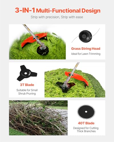 VEVOR String Trimmer, 52 cc 2-Stroke, Weed Eater, 17" Grass Trimmer, Multi-Functional Weed Eater Gas Powered with Shoulder Strap & 3T Blade, Weed Wacker Gas for Quick Grass Cleaning