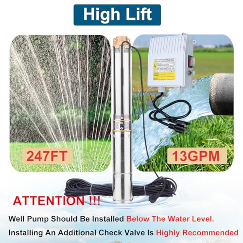 3" Deep Well Pump, 1HP 220v Submersible Well Pump with Control Box,Heavy Duty Brass Water Pump,100Ft Power Cord,13GPM 247FT Max Lift - style: 3" -1HP-220V-Brass